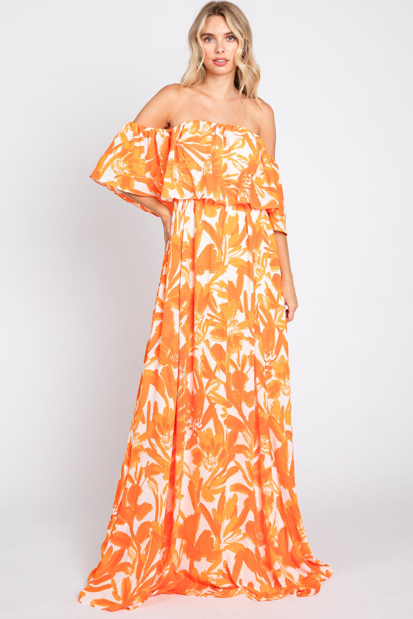 Orange Floral Off Shoulder Flounce Maternity Maxi Dress