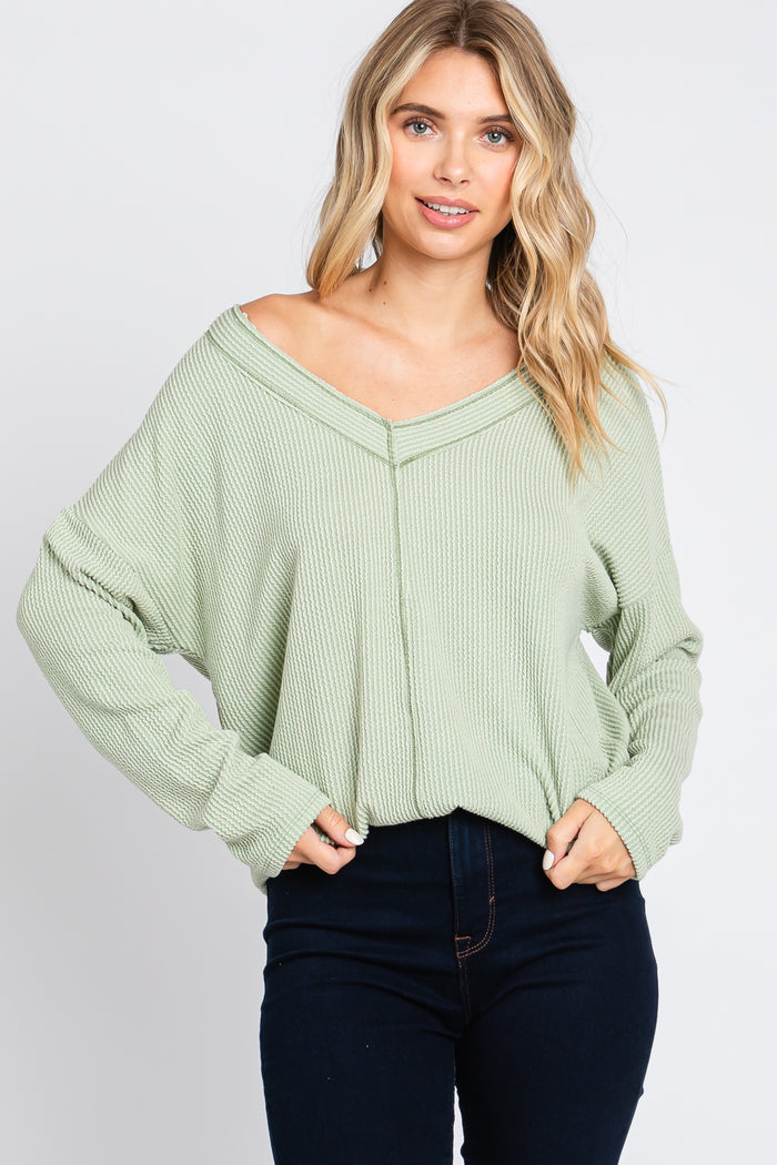 Light Olive Ribbed V-Neck Long Sleeve Top