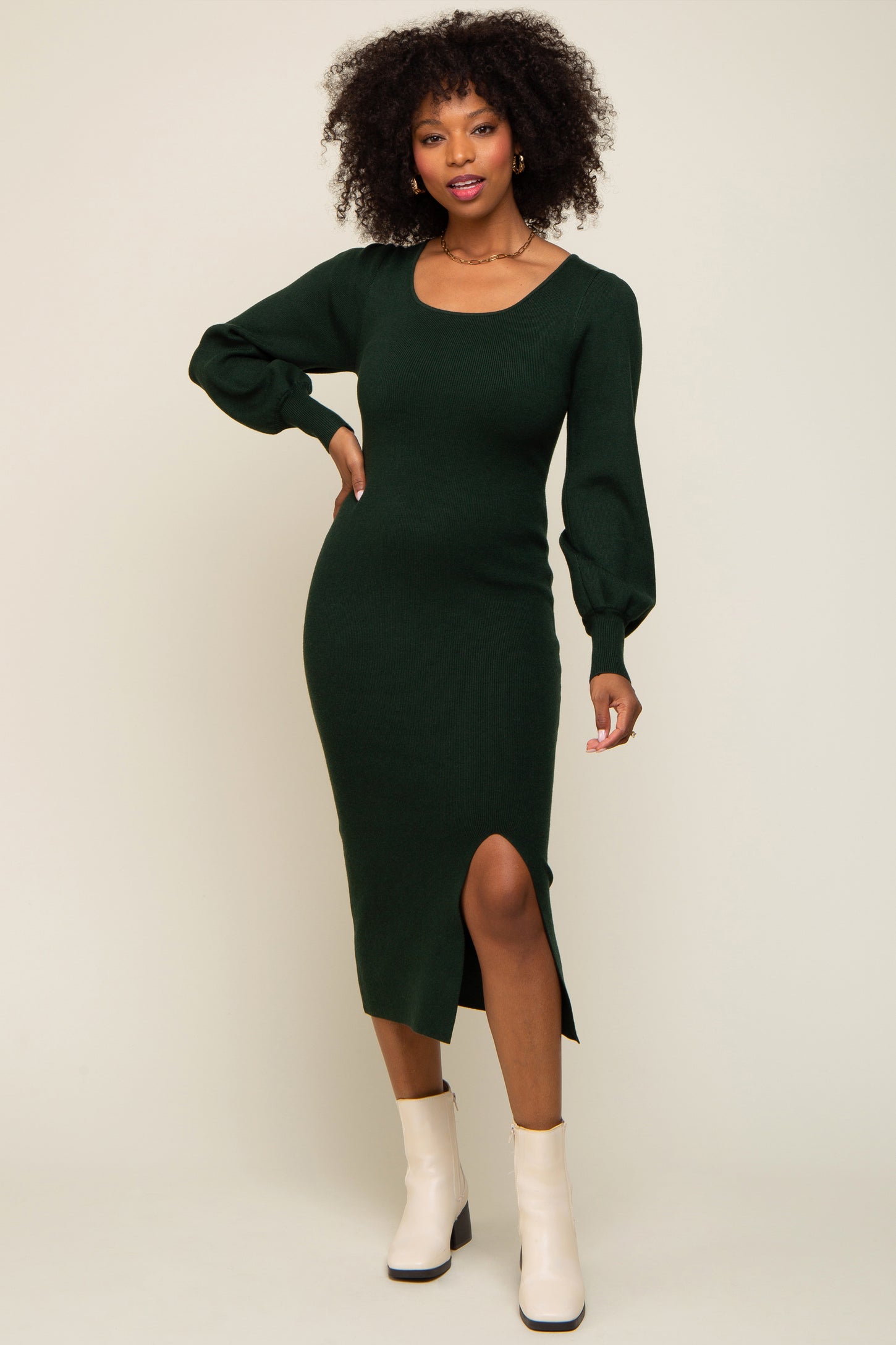 Forest Green Side Slit Sweater Knit Maternity Midi Dress Forest Green Side Slit Sweater Knit Maternity Midi Dress