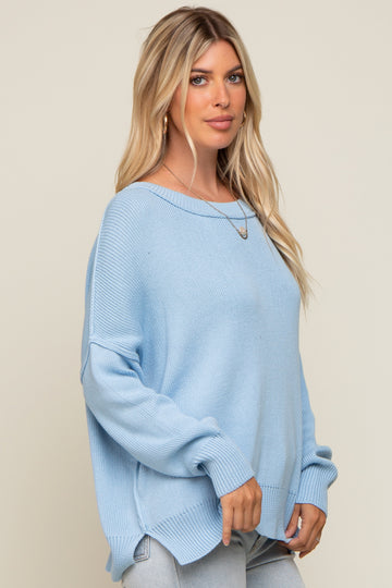 Light Blue Exposed Seam Side Slit Sweater