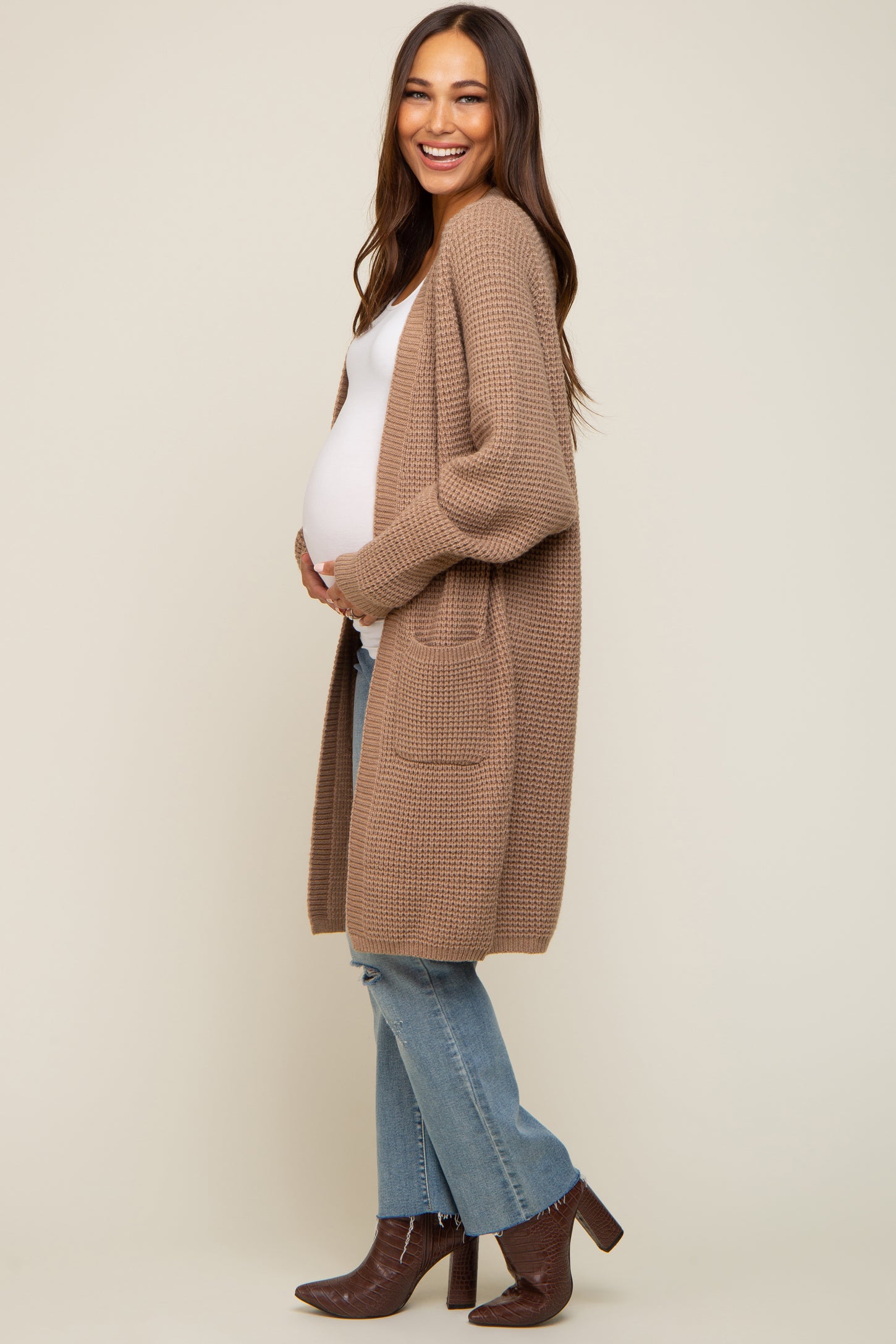 Mocha Chunky Waffle Knit Maternity Cardigan