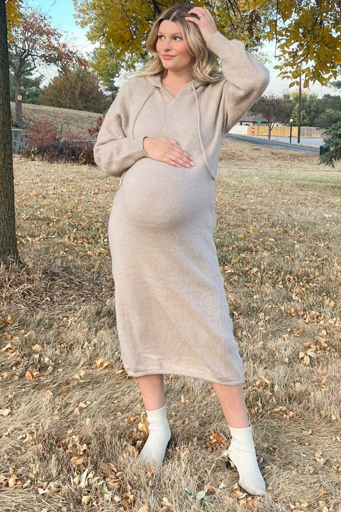 Beige Hooded Maternity Sweater Midi Dress