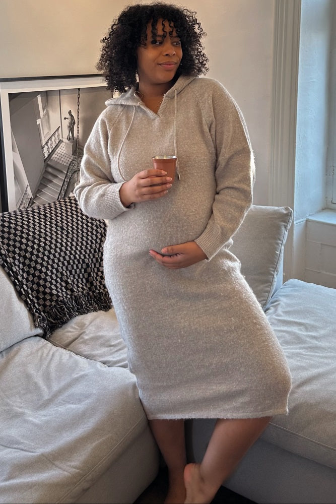 Beige Hooded Maternity Sweater Midi Dress