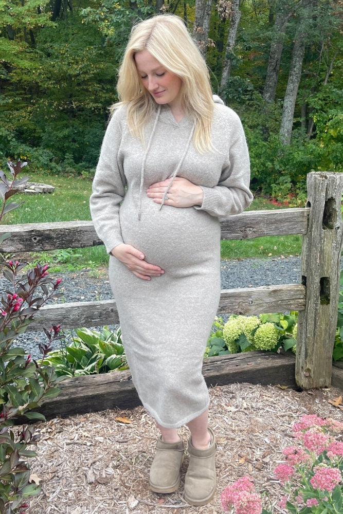 Beige Hooded Maternity Sweater Midi Dress