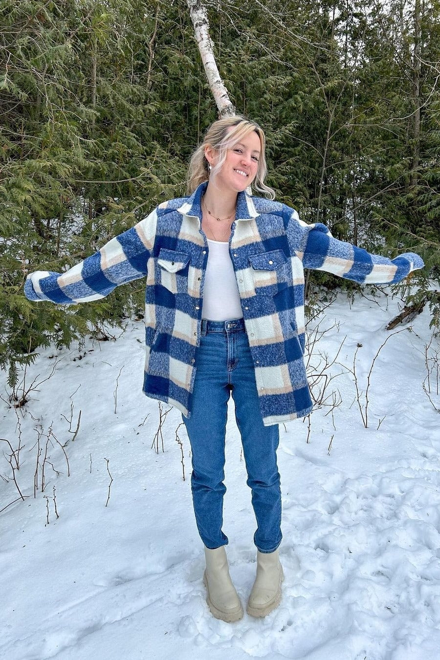 Navy Plaid Fleece Shirt Jacket