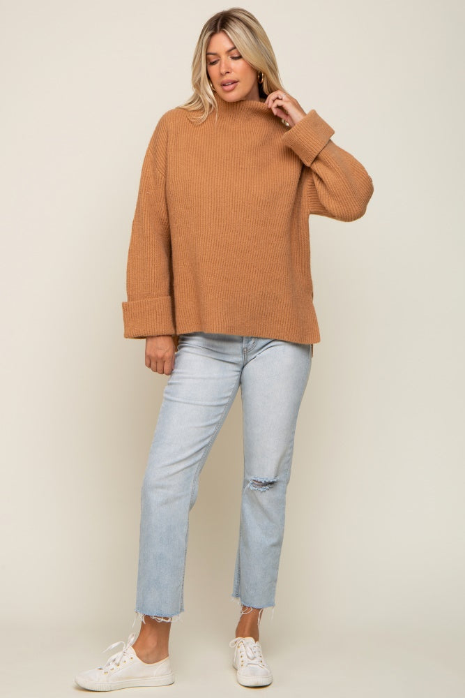 Camel Mock Neck Chunky Knit Sweater