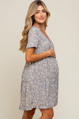 Grey Floral Tiered Button Accent Maternity Dress