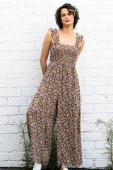 Mocha Sleeveless Floral Smocked Ruffle Maternity Jumpsuit