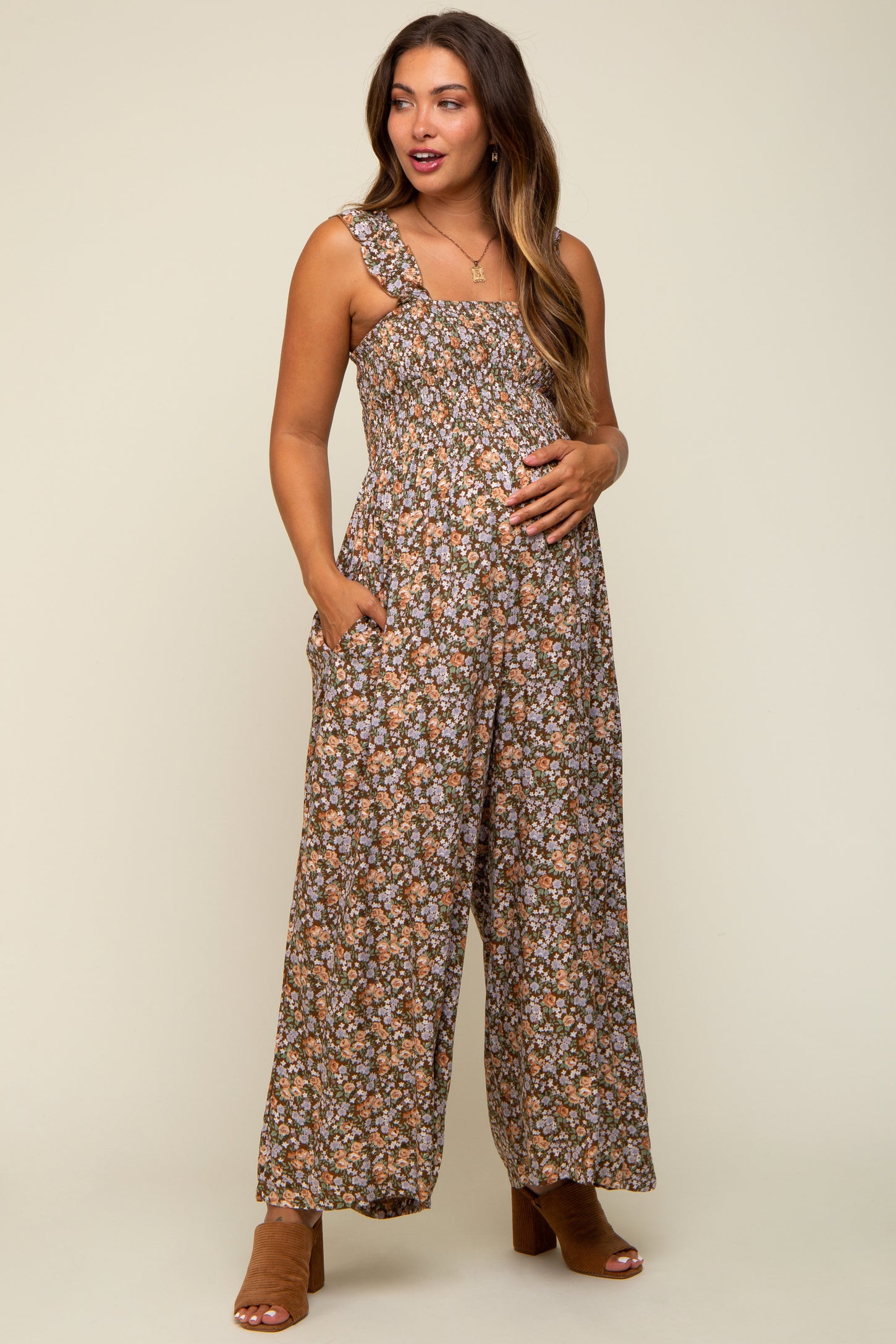 Mocha Sleeveless Floral Smocked Ruffle Maternity Jumpsuit