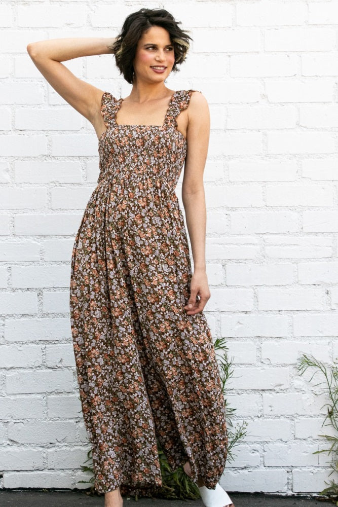 Mocha Sleeveless Floral Smocked Ruffle Jumpsuit