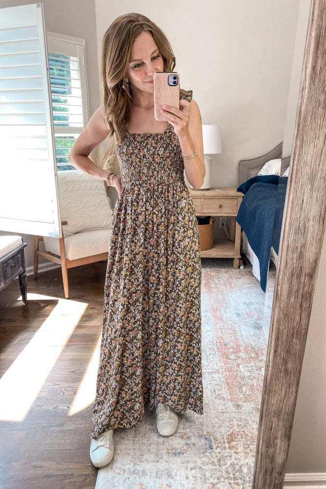 Mocha Sleeveless Floral Smocked Ruffle Jumpsuit