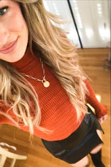 Rust Textured Knit Ruffle Mock Neck Top