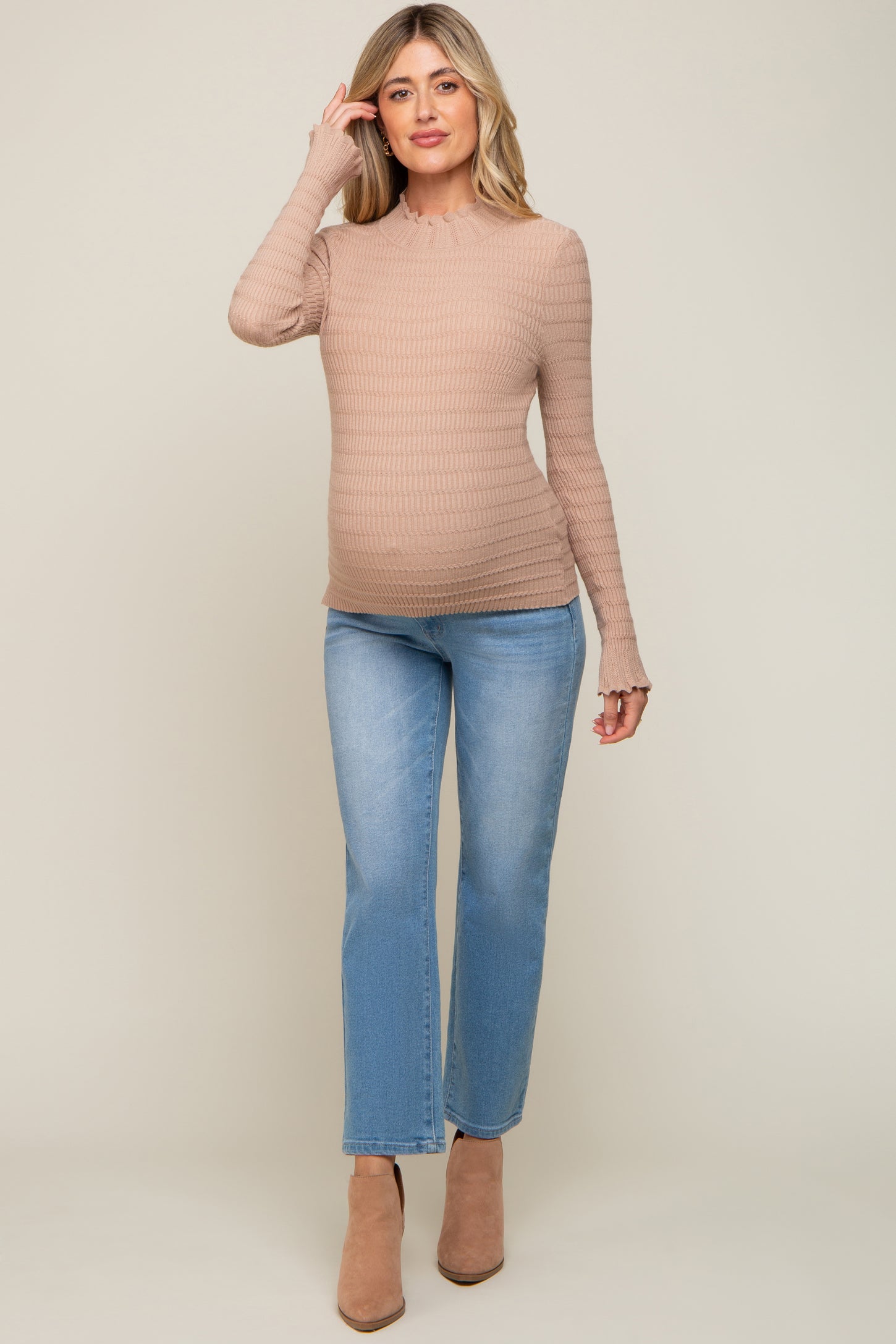 Taupe Textured Knit Ruffle Mock Neck Maternity Top