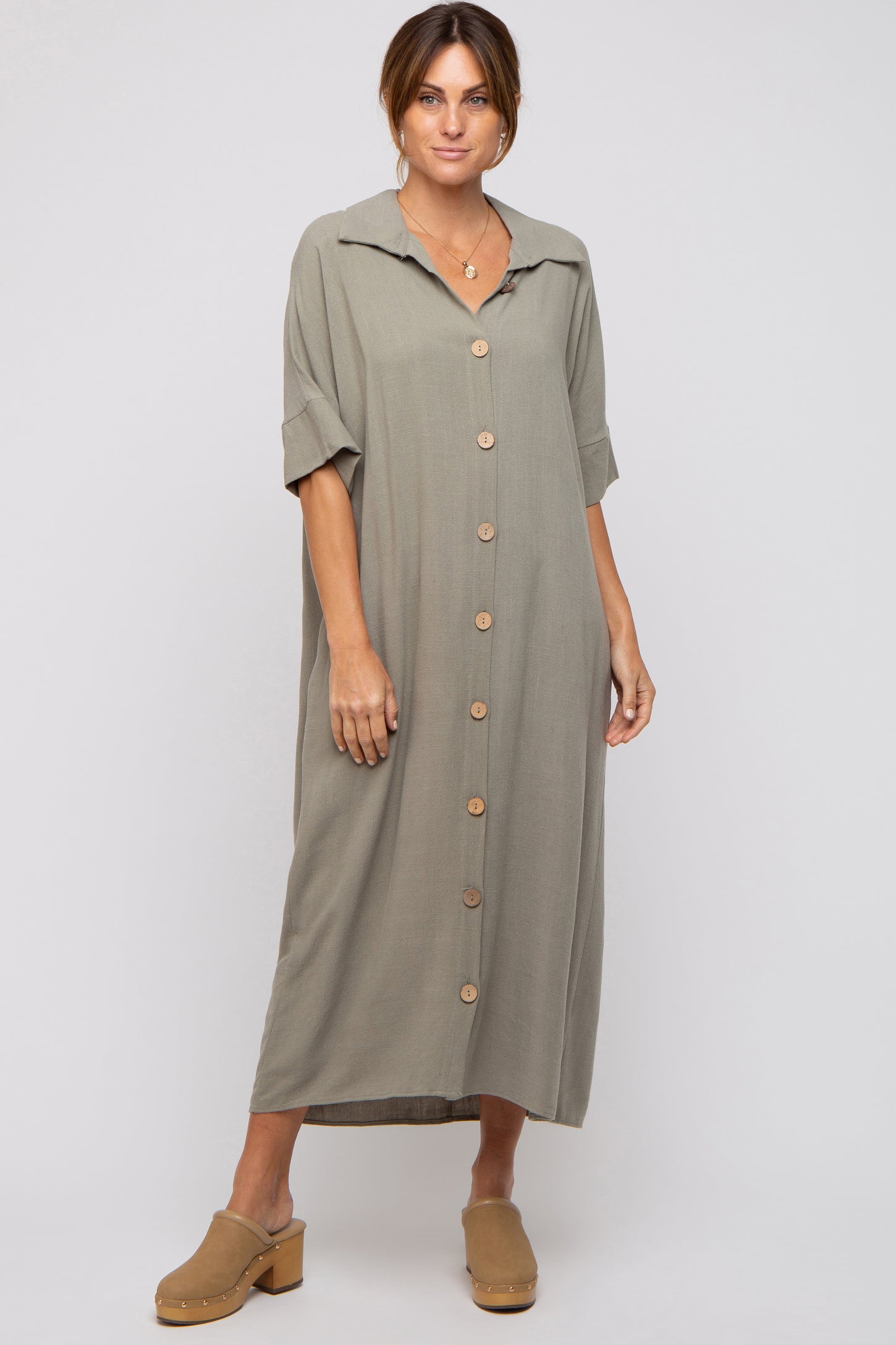 Olive Oversized Button Down Midi Dress