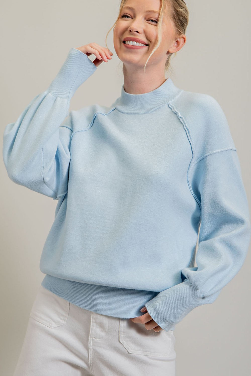 Light Blue Knit Long Sleeve Mock Neck Top