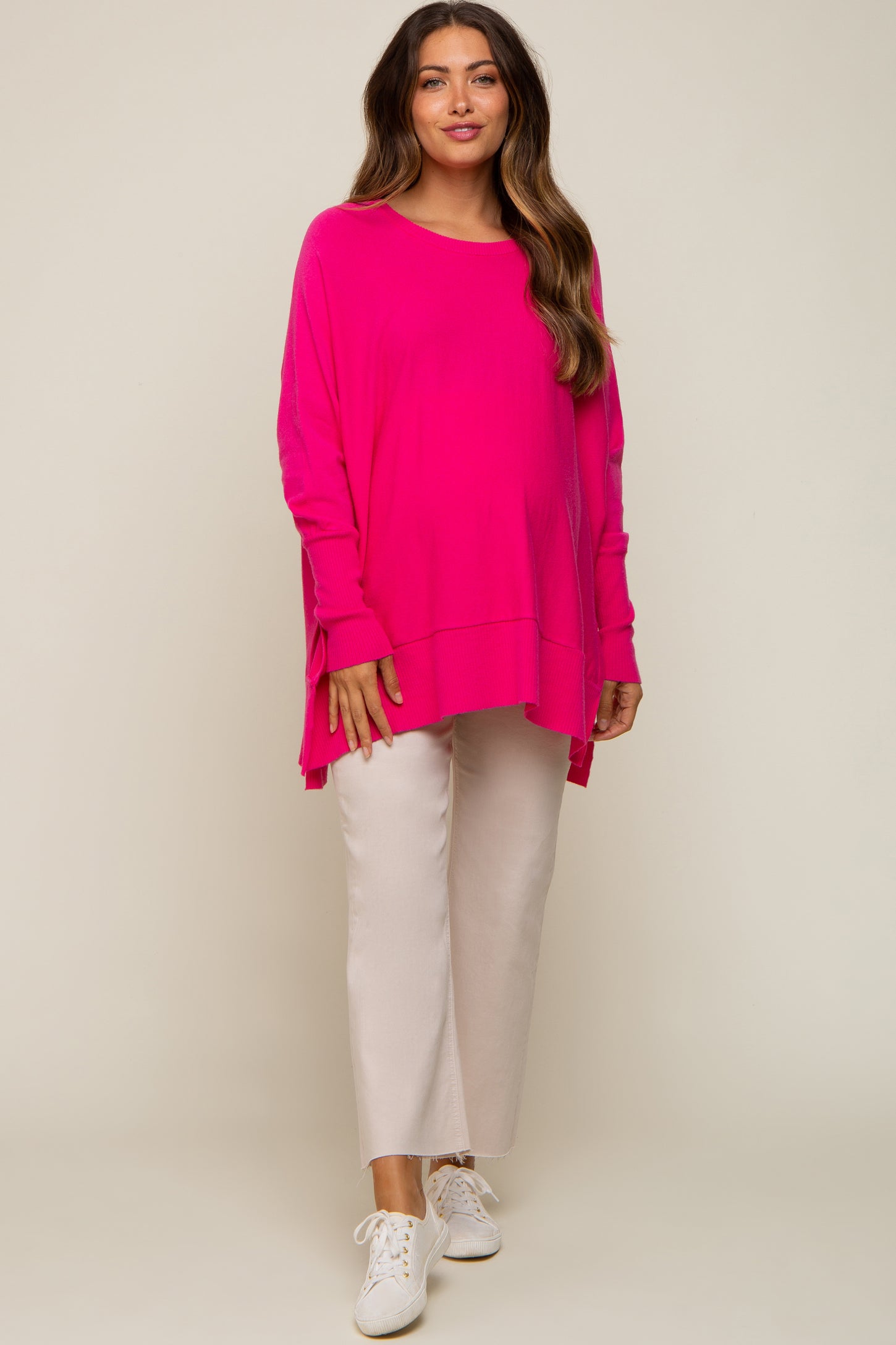 Fuchsia Dolman Sleeve Side Slit Maternity Sweater