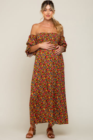 Red Floral Long Sleeve Maternity Maxi Dress
