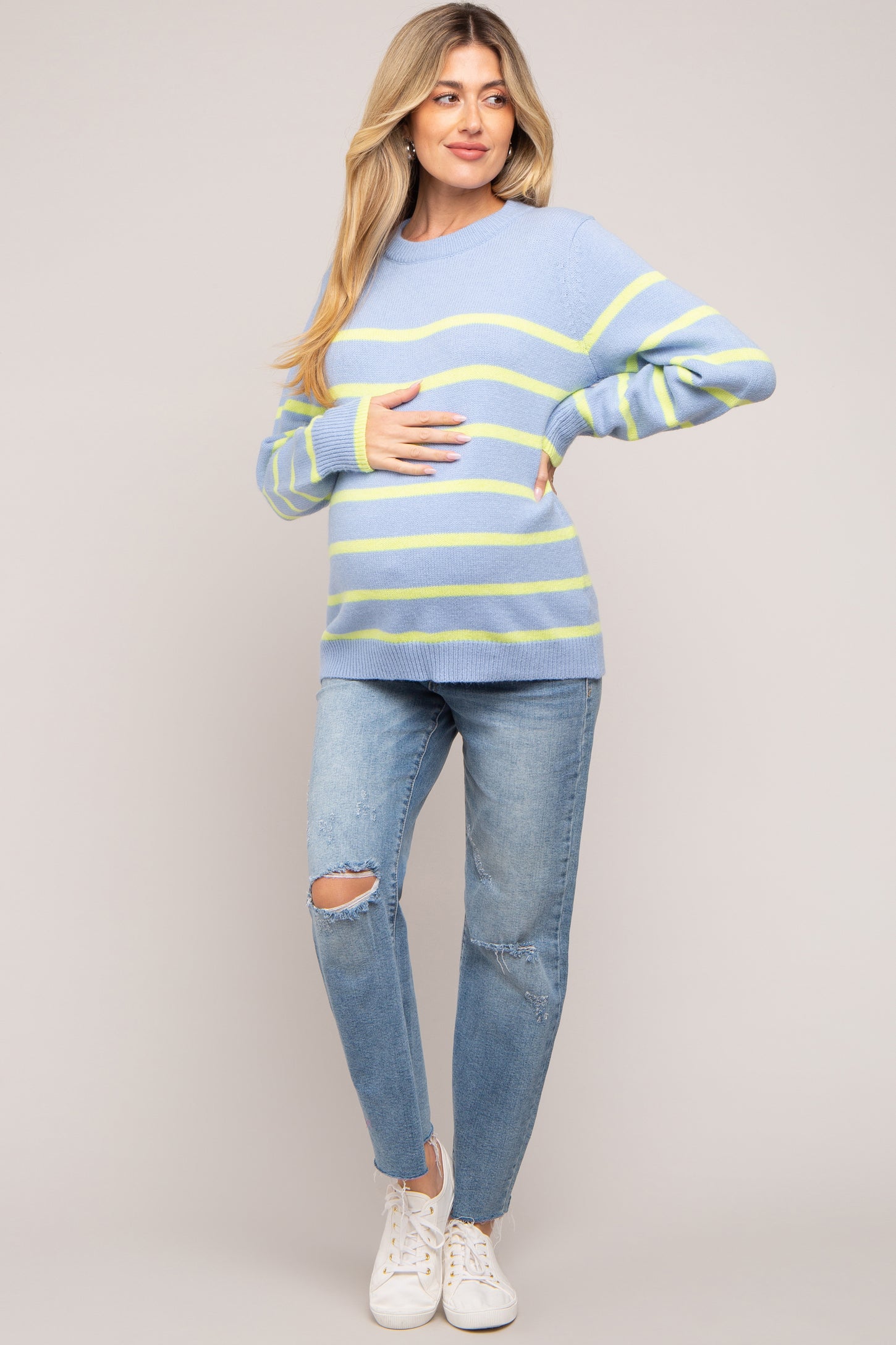 Light Blue Neon Striped Maternity Sweater