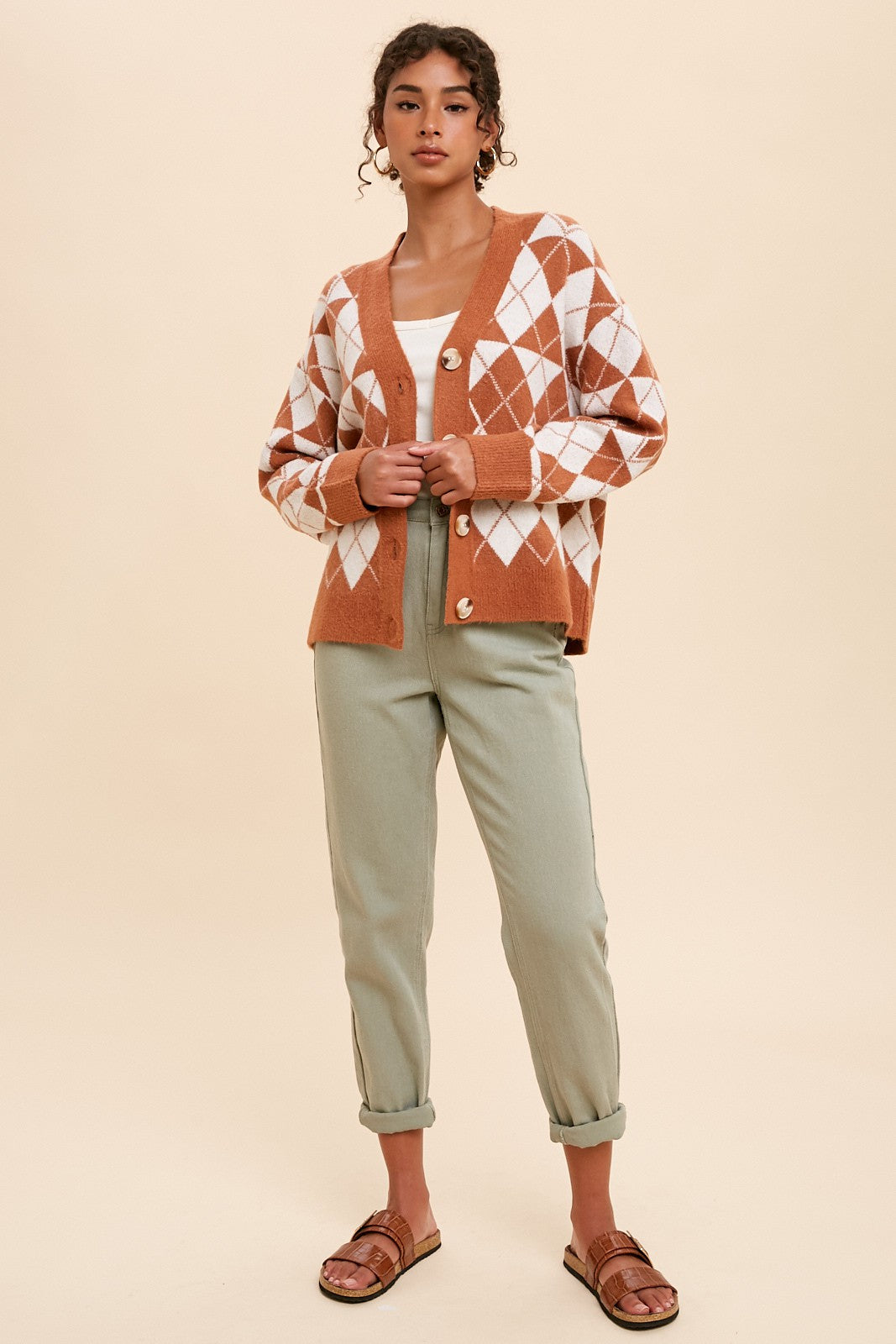 Camel Argyle Button Front Cardigan