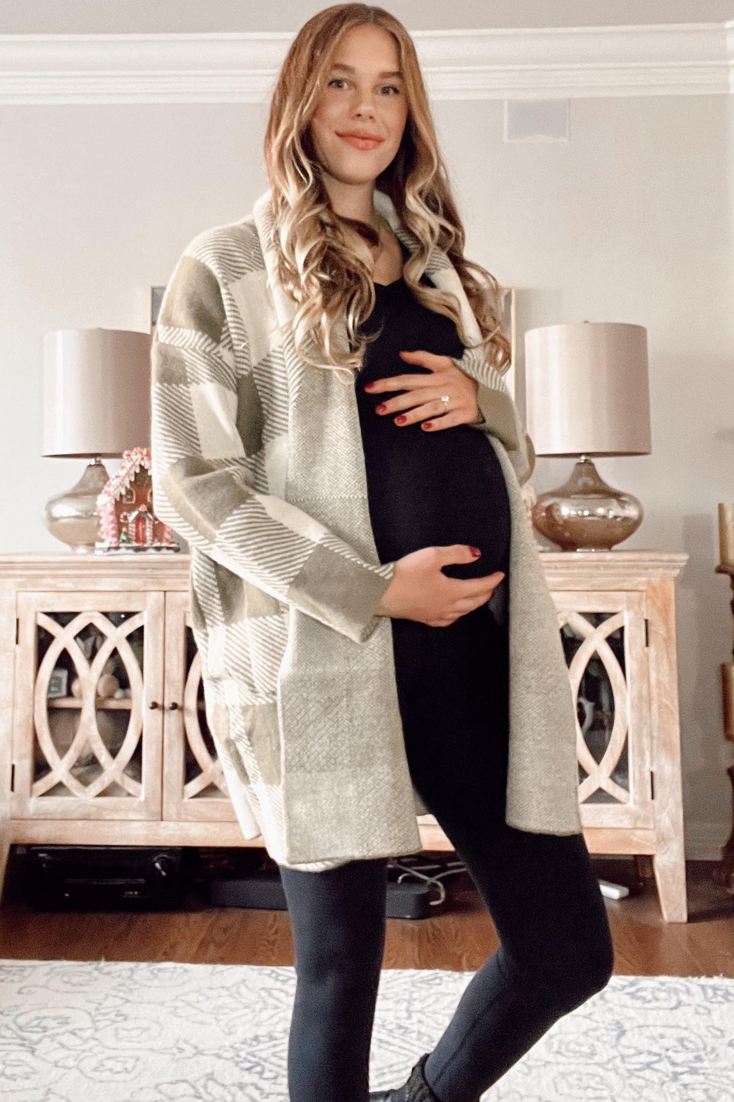 Olive Plaid Shawl Maternity Cardigan