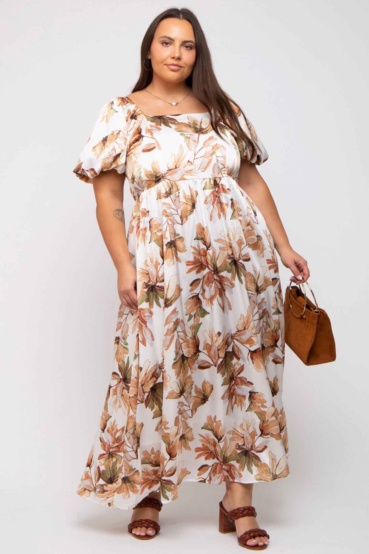 Cream Floral Satin Puff Sleeve Maternity Plus Maxi Dress