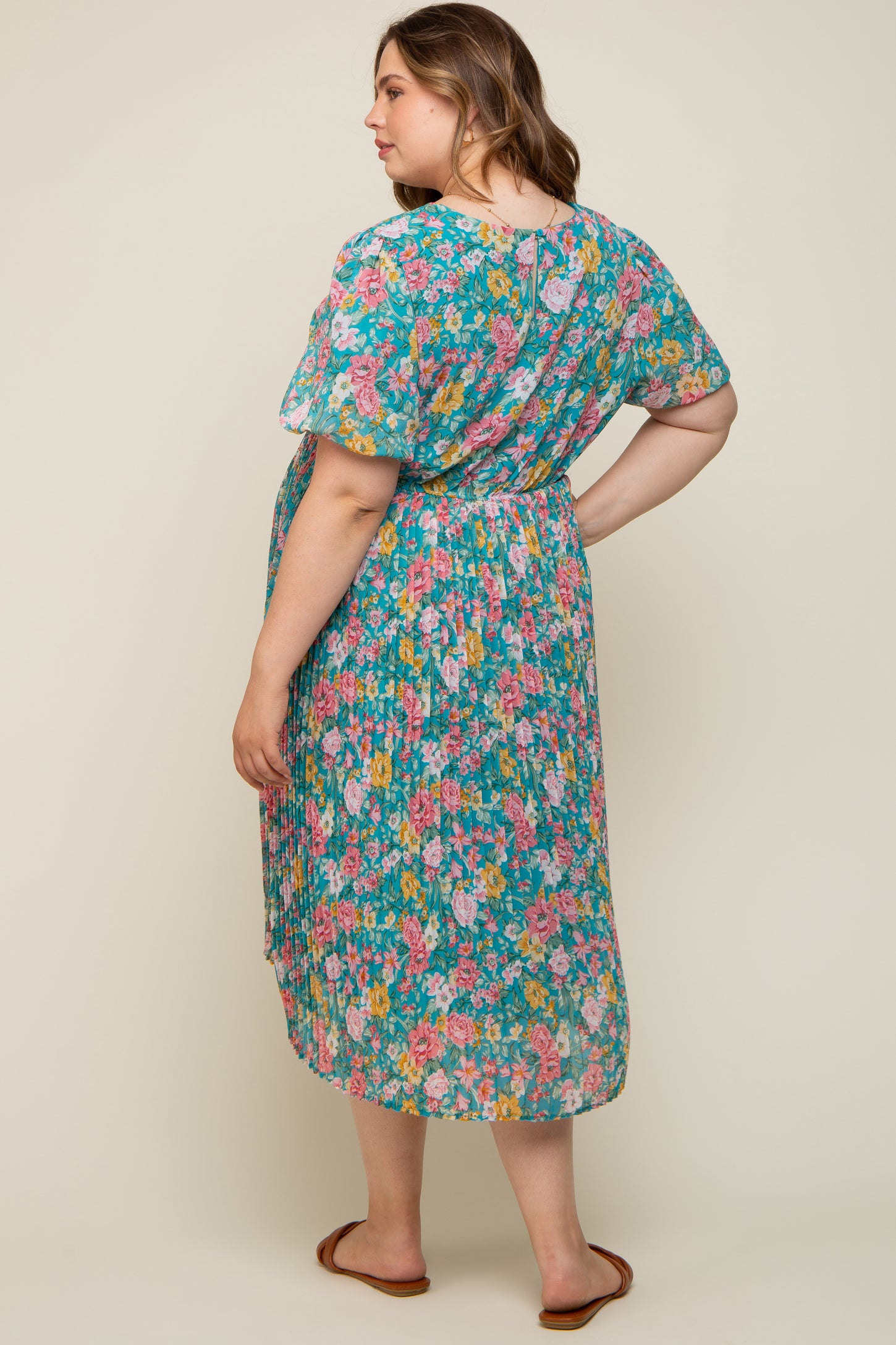 Teal Floral Pleated Maternity Plus Size Midi Dress