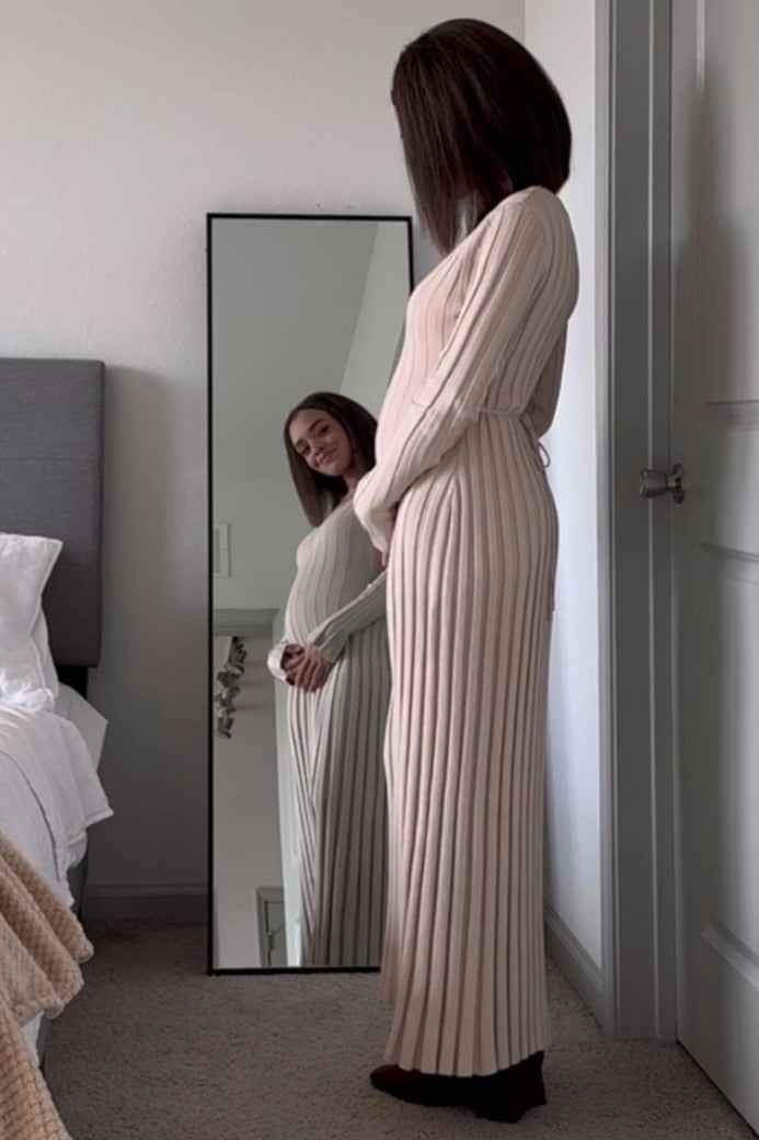 Taupe Ribbed Maternity Knit Maxi Dress