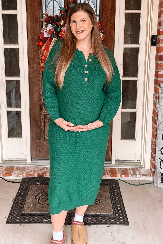 Hunter Green Waffle Knit Button Long Sleeve Maternity Midi Dress Hunter Green Waffle Knit Button Long Sleeve Maternity Midi Dress