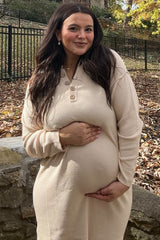 Cream Waffle Knit Button Long Sleeve Maternity Midi Dress