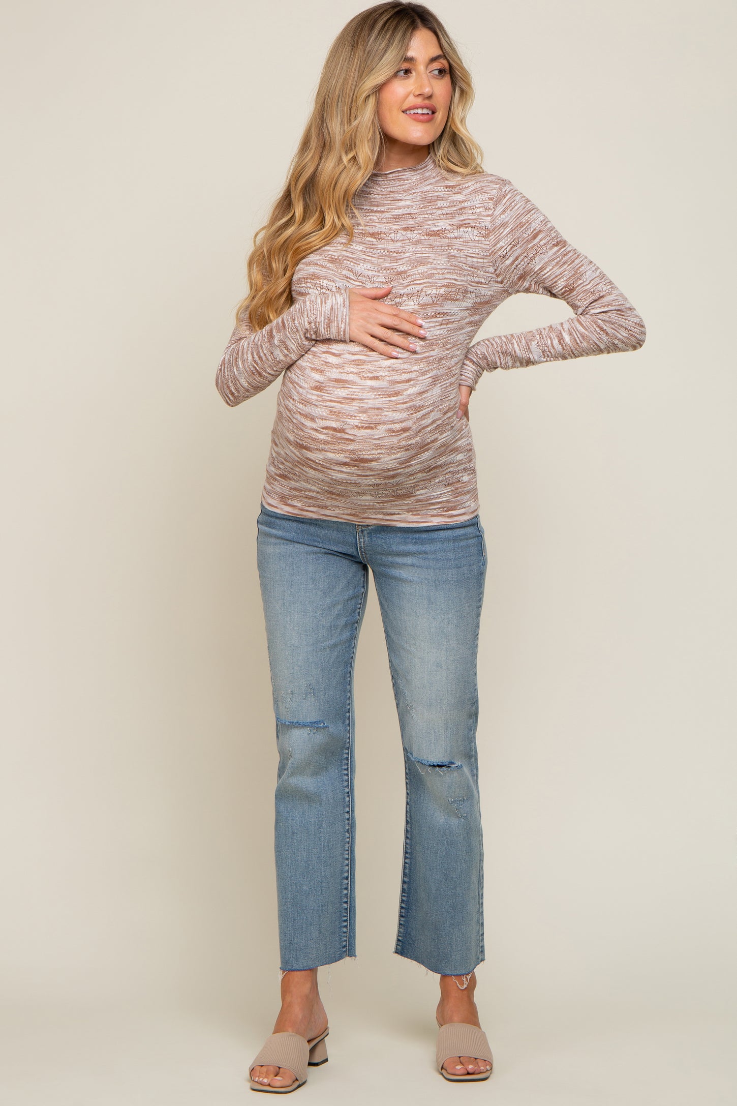 Taupe Mock Neck Long Sleeve Knit Maternity Top