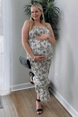 Cream Floral Smocked Fitted Maternity Midi Dress