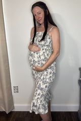 Cream Floral Smocked Fitted Maternity Midi Dress