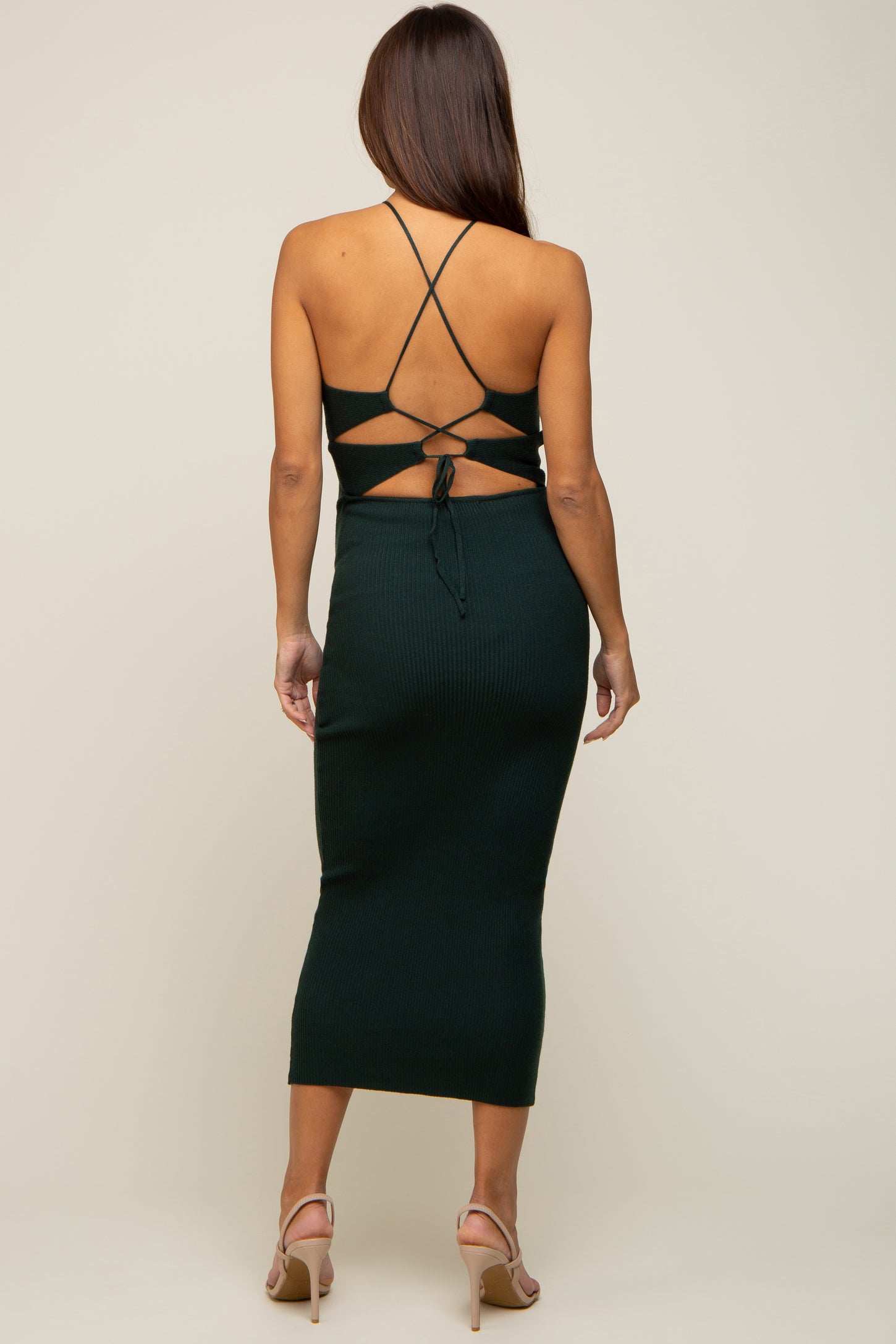 Forest Green Rib Knit Cutout Criss Cross Back Maternity Maxi Dress