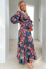 Dark Teal Satin Asymmetrical Flounce Trim Maternity Midi Dress