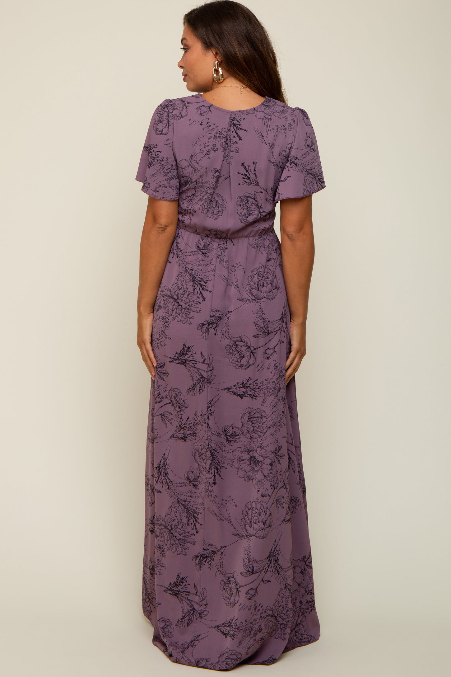 Purple Floral Wrap Front V-Neck Flutter Short Sleeve Maternity Maxi Dress