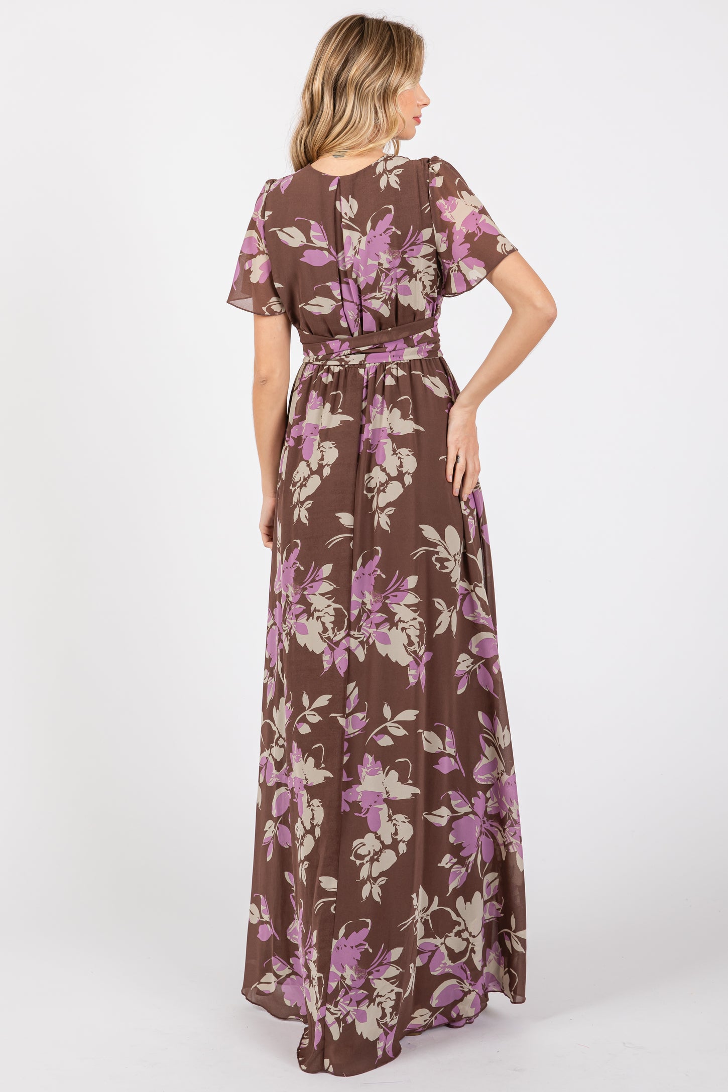 Brown Floral V-Neck Side Slit Dress