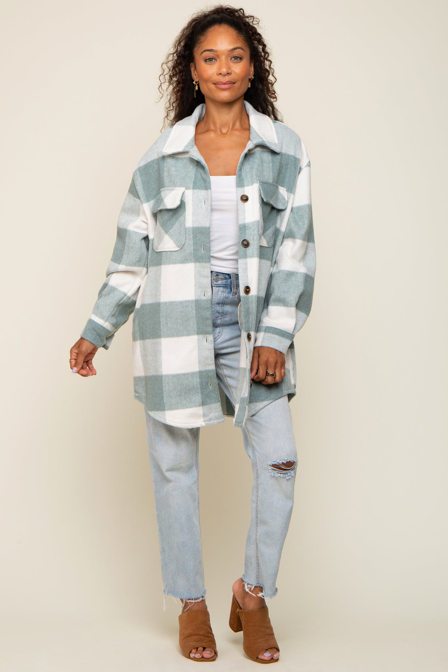 Grey Plaid Brushed Long Shacket