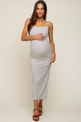 White Striped Sleeveless Fitted Maternity Maxi Dress