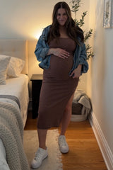 Brown Striped Sleeveless Fitted Maternity Maxi Dress