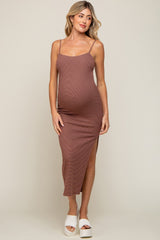 Brown Striped Sleeveless Fitted Maternity Maxi Dress