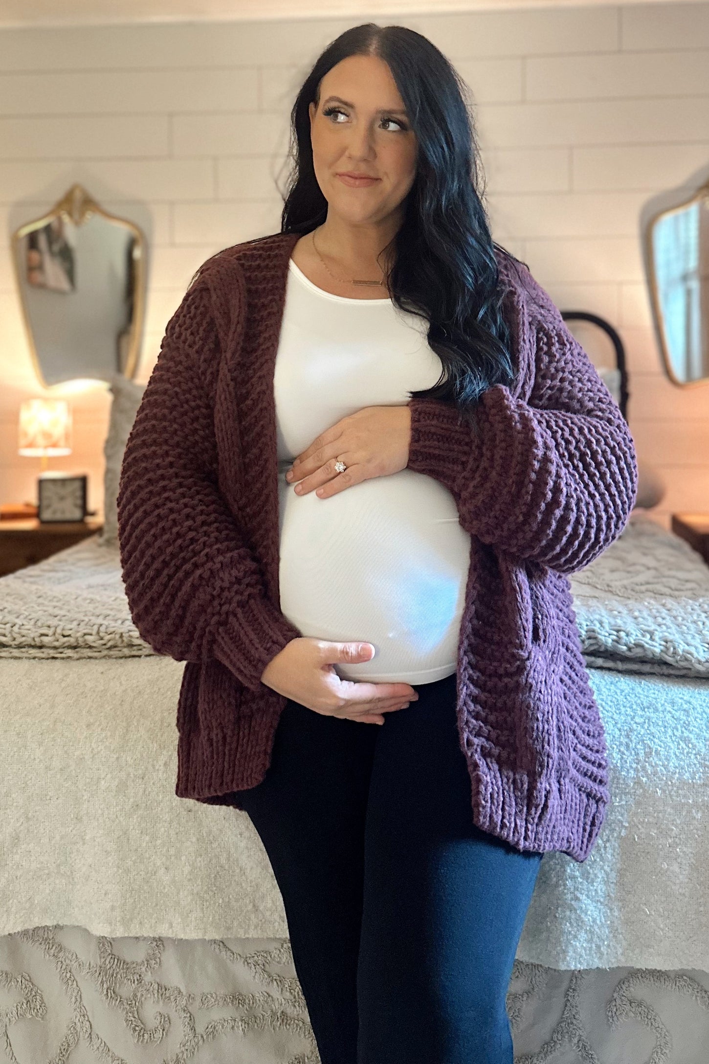Burgundy Chunky Knit Maternity Cardigan
