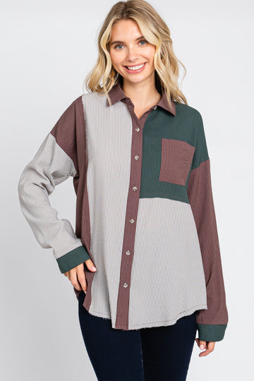 Multi-Color Striped Color Blocked Button-Down Top