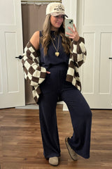Brown Checkered Print Oversized Cardigan