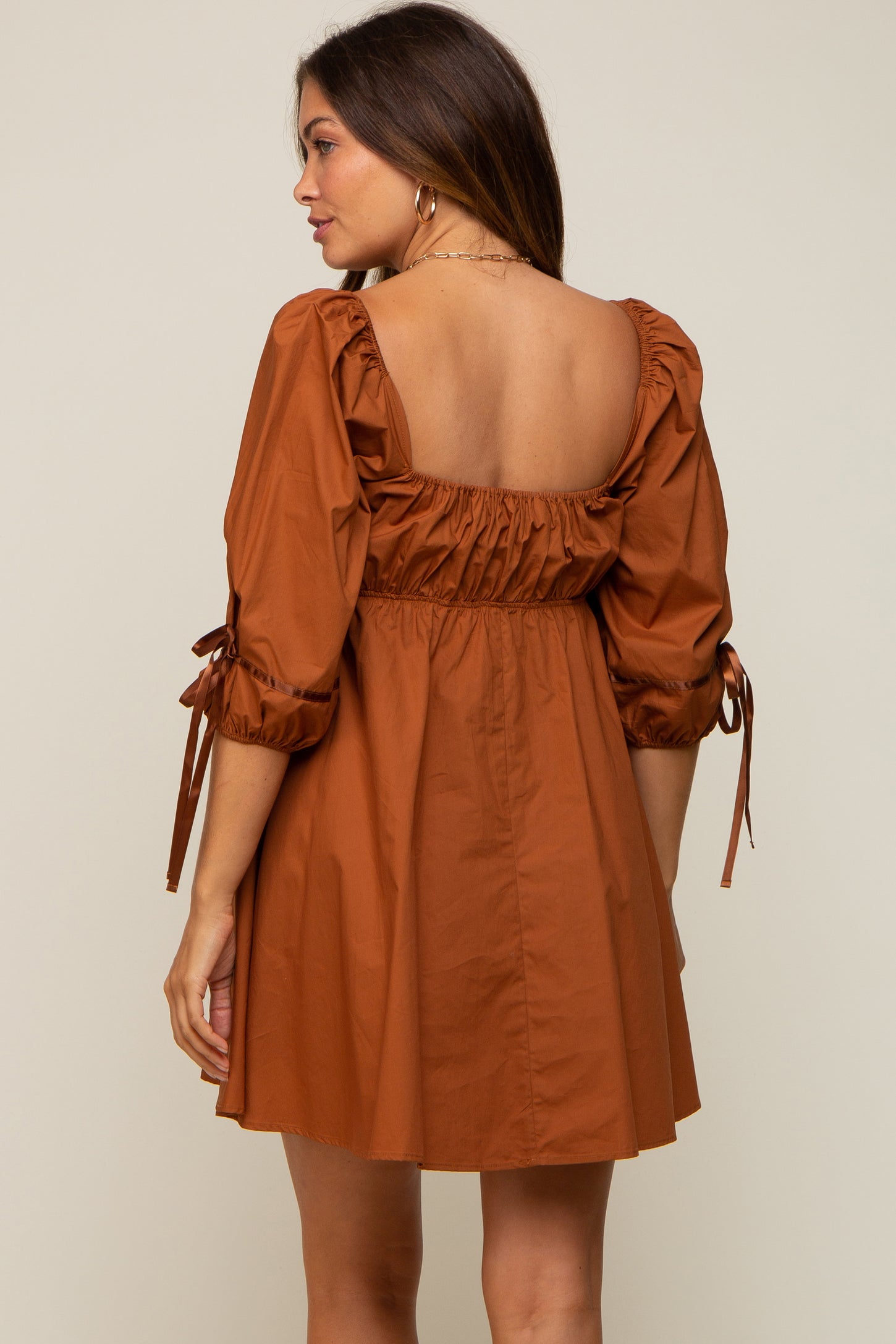 Rust Ruched Puff Sleeve Maternity Dress