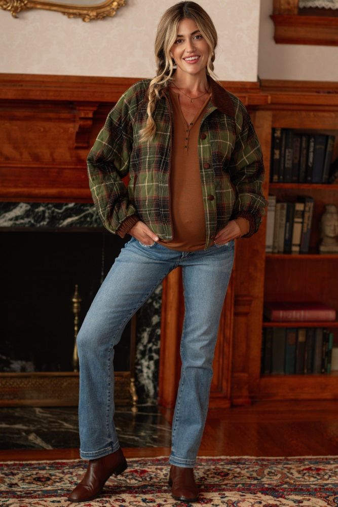 Camel Button Front Long Sleeve Maternity Top