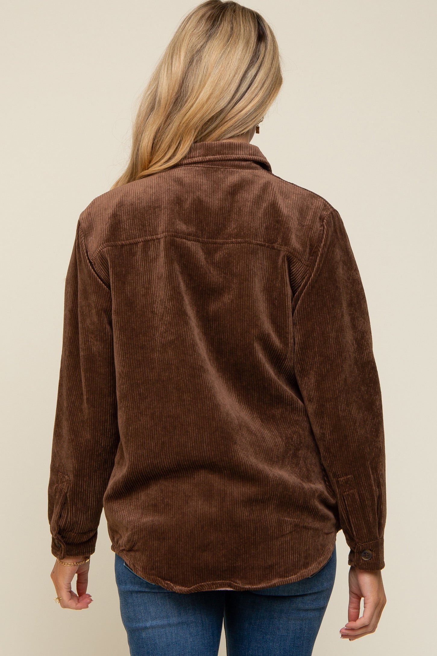 Brown Corduroy Plaid Fleece Lined Button Down Maternity Shacket
