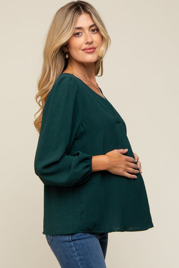 Forest Green Long Puff Sleeve Blouse Top