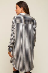 Black Cream Striped Collared Button-Down Maternity Dress