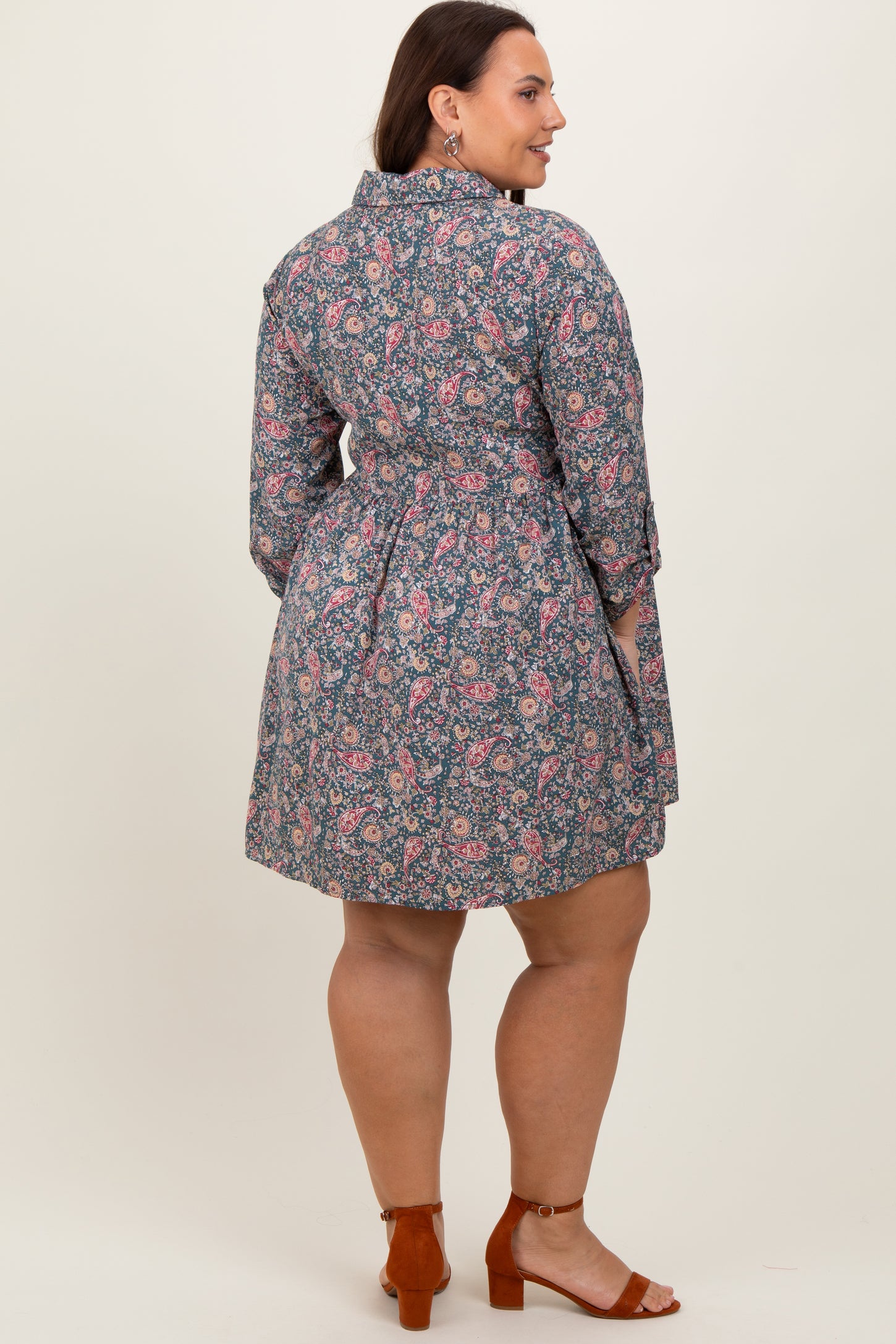 Teal Floral Paisley Button Up Plus Dress