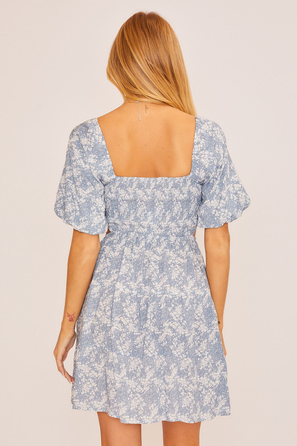Dusty Blue Smocked Bodice Mini Dress